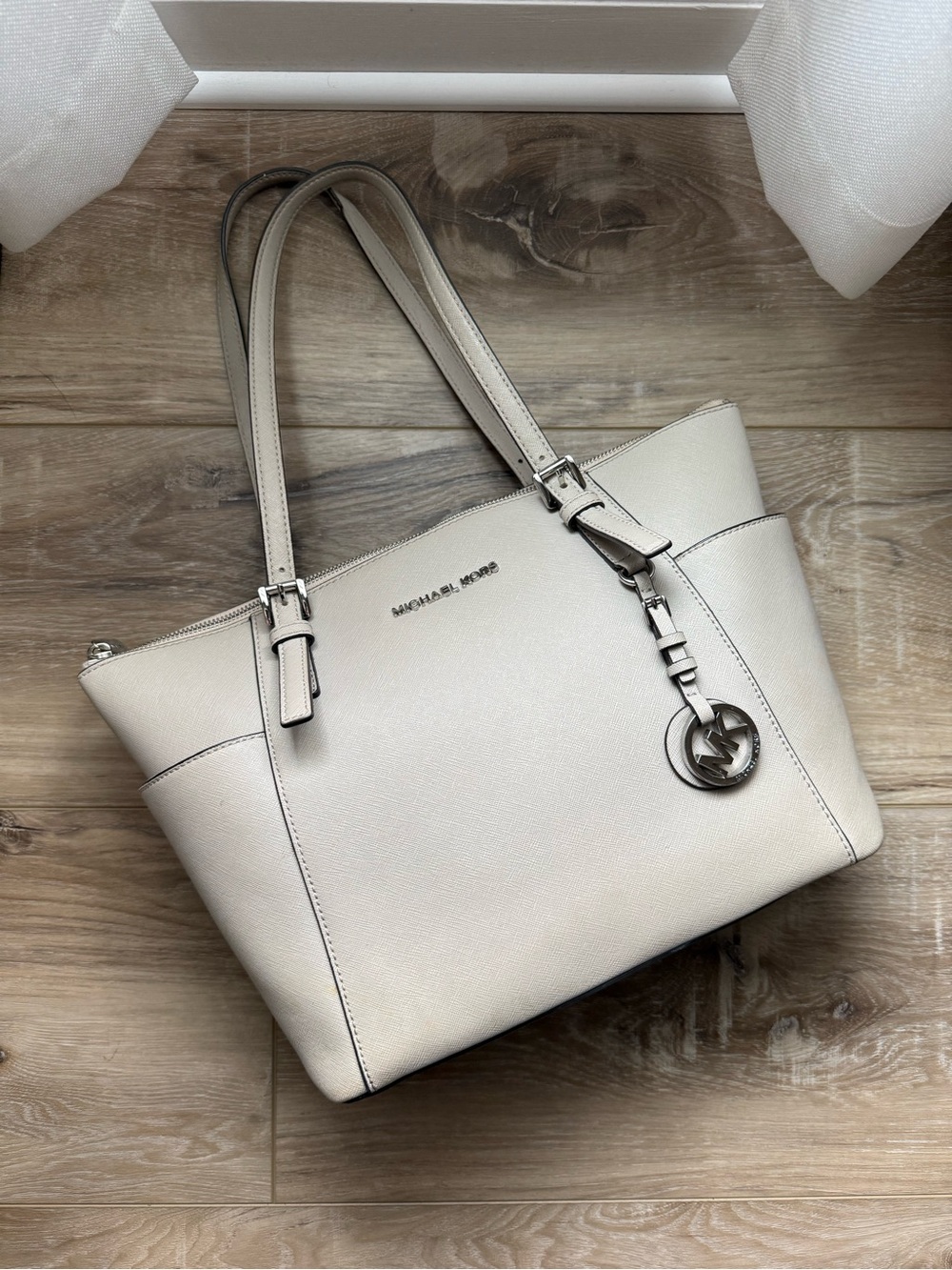 Michael Kors Off-White Leather Tote with Silver Hardware